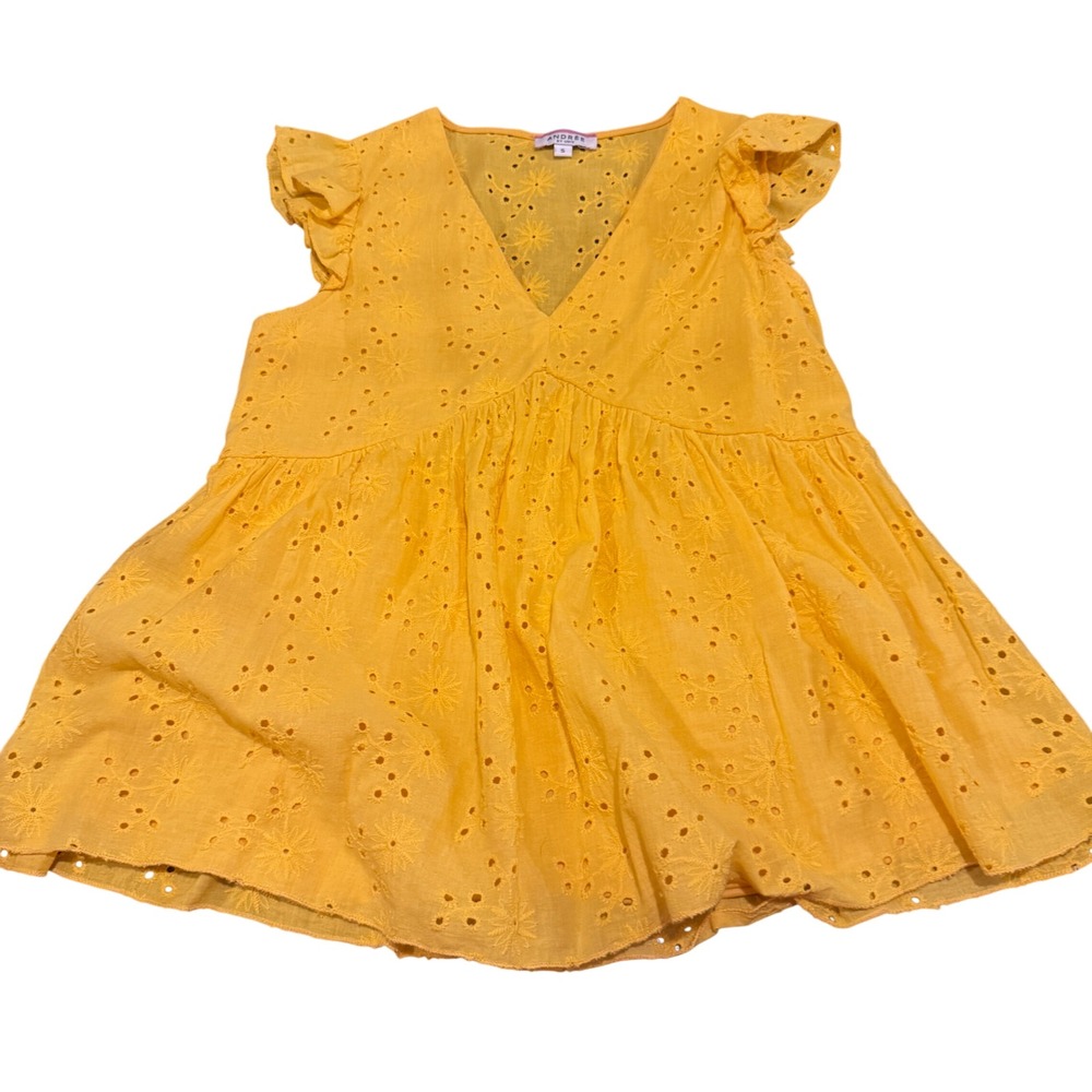 Andree By Unit Womens Yellow V-Neck Eyelet Peplum Blouse Top Size Small babydoll